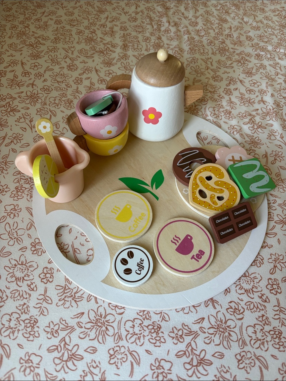 Wooden Play Tea Set with Flower Accents - Pink, Yellow, White, Green, Brown